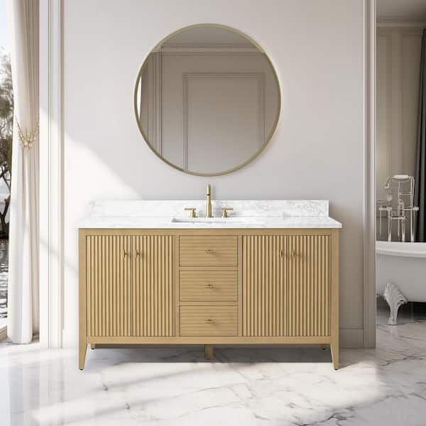 Vanity Art 60 in. W x 22 in D x 38 in. H Single Sink Bath Vanity Cabinet in Linear Natural Oak with White Engineered Marble Top