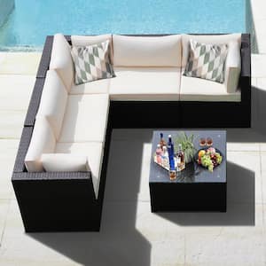 6-Piece Wicker Outdoor Patio Sectional Sofa Conversation Set Outdoor with Beige Cushions