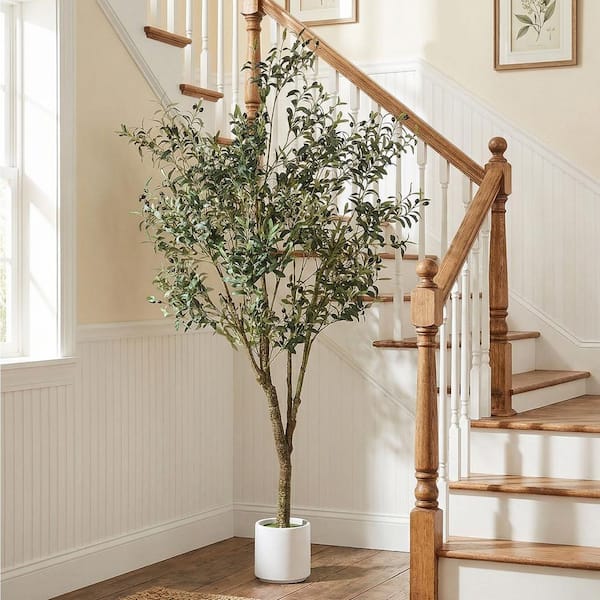 7 ft. Artificial Olive Tree with Realistic Trunk, Faux Leaves and Fruits, White Planter for Indoor Deco