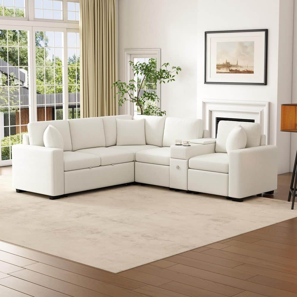 120.5 in. Reversible Chenille Modular Sectional Sofa Bed in White with Pull