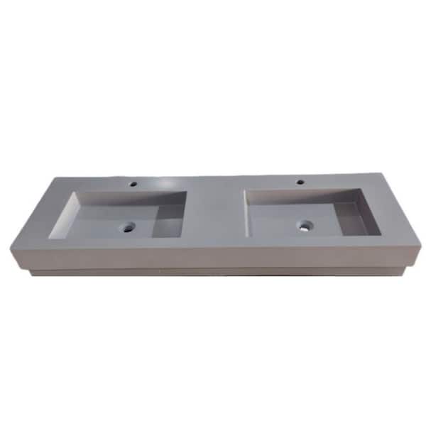59 x 19 in. Solid Surface Wall Mount or Countertop Bathroom Double Vessel Sink with Faucet Holes in Matte Gray
