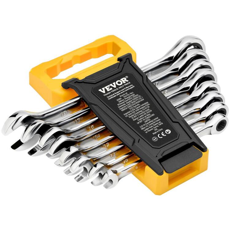 VEVOR Combination Wrench Set, 8-Piece Ratcheting Wrench Set with organizer rack, Cr-V Steel Wrench Set Metric 8 mm to 19 mm