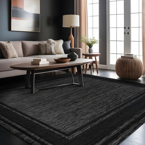 Essence Black/Gray 9 x 12 ft. Bordered Easy to Clean Indoor Outdoor Area Rug