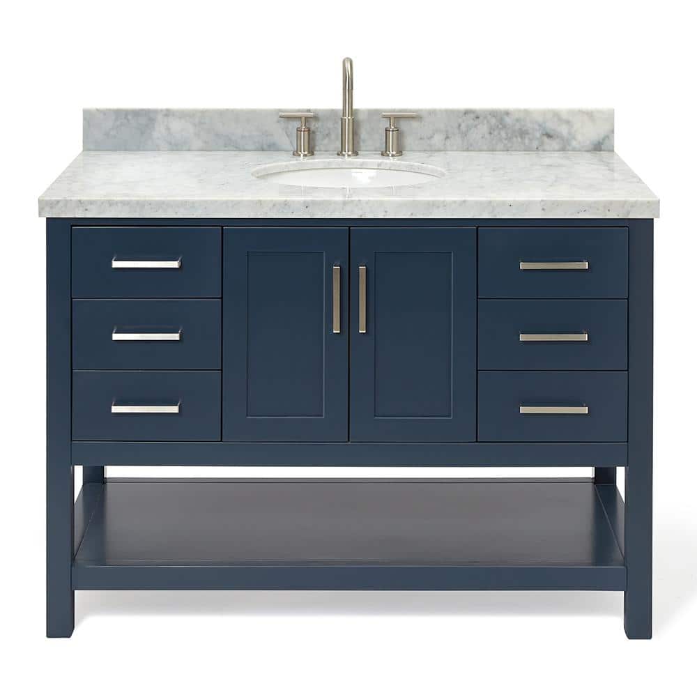 Midnight Blue Solid Wood Bath Vanity with White Marble Top