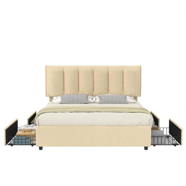 VECELO Upholstered Bed Frame, Full Bed with 4 Storage