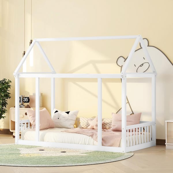 Harper & Bright Designs White Wood Frame Twin Size House Floor Bed with Roof, Safety Guardrails, No Slats