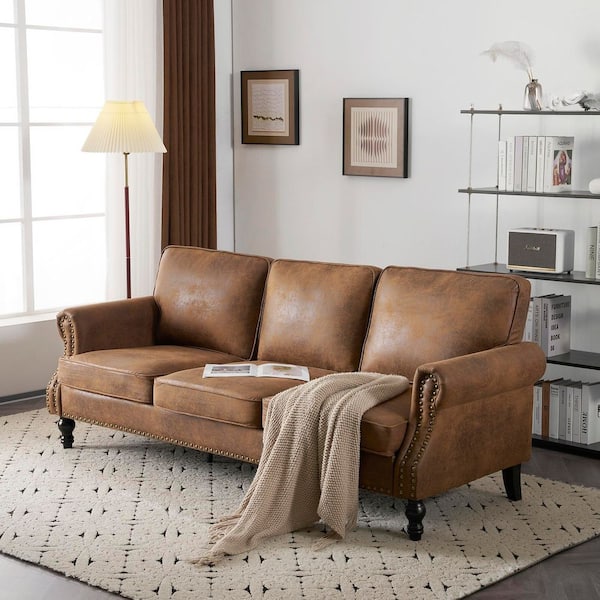 83.46 in Wide Rolled Arm Leather Mid-Century Modern Straight Rectangle Sofa in. Brown