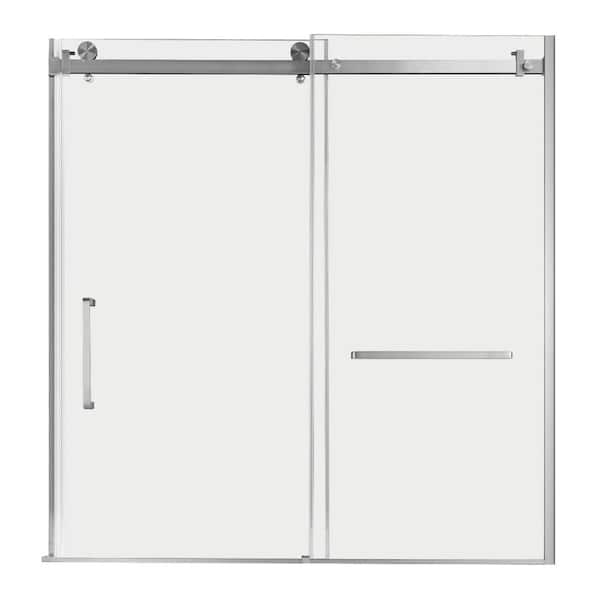 Toledo 57.9 in. W x 60 in. H Semi-Frameless Sliding Shower Door, Brushed Nickel, 6mm Clear Glass