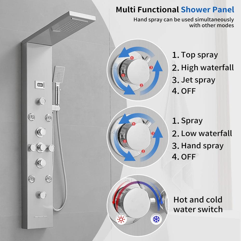 Nickel Chrome 8-Jet Rainfall Shower Panel System with Handheld Wand