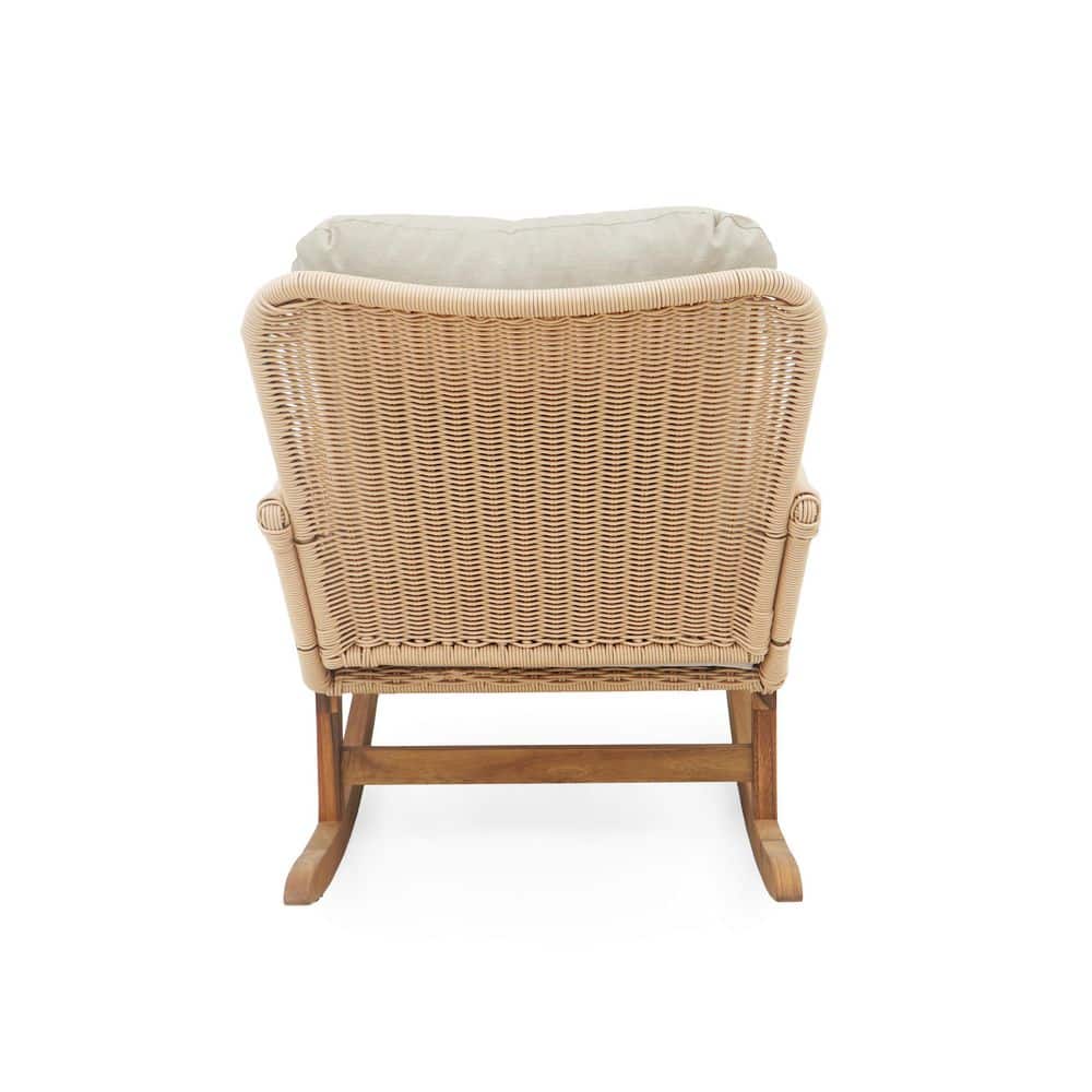 Beige Cushioned Wood and Rattan Outdoor Rocking Chair Set