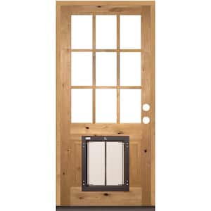 36 in. x 80 in. Left-Hand 9 Lite Clear Glass Unfinished Wood Prehung Door with Large Dog Door