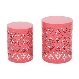 Soto Dark Coral Cylindrical Metal Outdoor Patio Side Table (Set of 2)