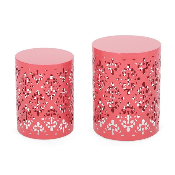 Noble House Soto Dark Coral Cylindrical Metal Outdoor Patio Side Table (Set of 2)