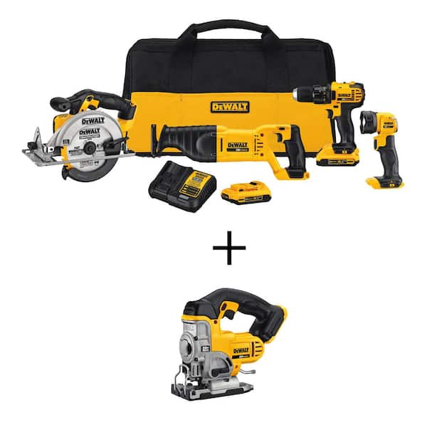 20V MAX Lithium-Ion Cordless 4 Tool Combo Kit, 20V MAX Cordless Jig Saw, (2) 20V 2.0Ah Batteries, and Charger
