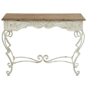 42 in. White Extra Large Rectangle Metal Scroll Console Table with Brown Wood Top