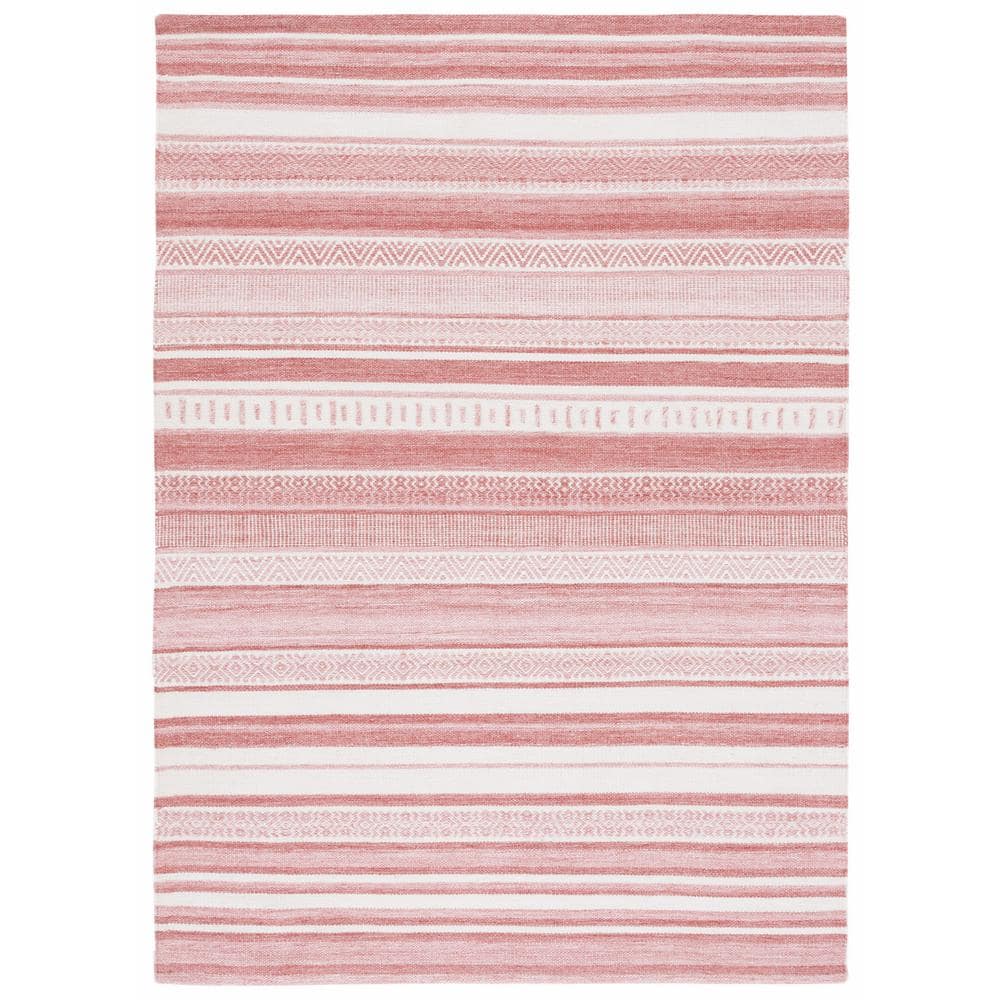 Ivory and Pink Striped 4' x 6' Flat Woven Wool Rug