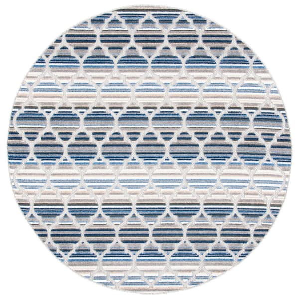 Cabana Blue/Gray 3 ft. x 3 ft. Striped Trellis Indoor/Outdoor Round Area Rug