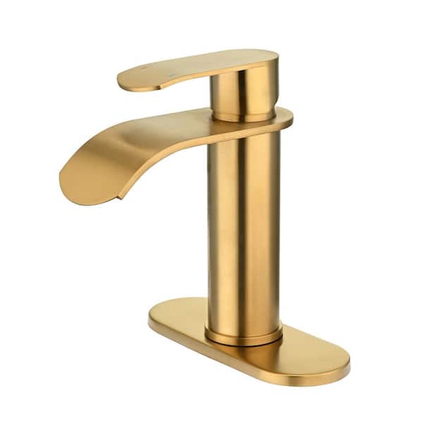 IVIGA 4 in. Centerset Single Handle High Arc Waterfall Bathroom Faucet with Pop Up Drain and Supply Lines in Gold