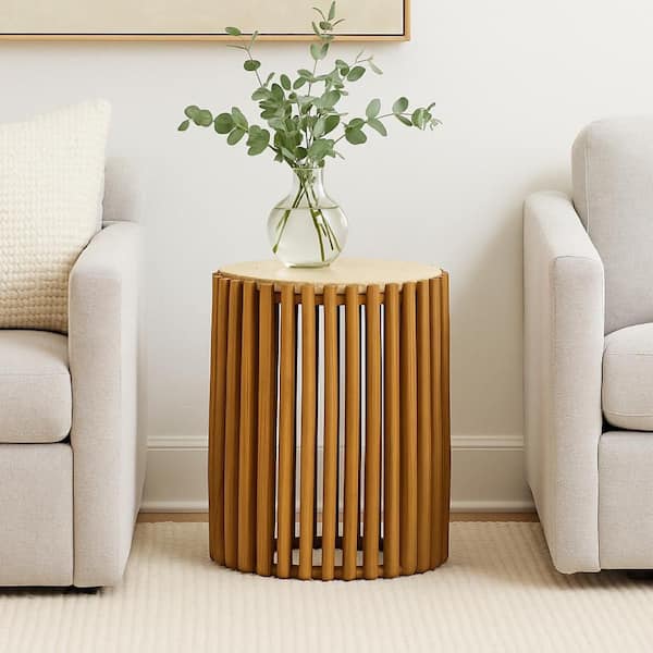 Gexy 17.8 in. Brown and Beige Round Marble and Wood Side End Table