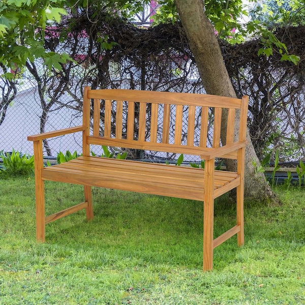 2-Person Patio Acacia Wood Bench with Backrest and Armrests | Costway