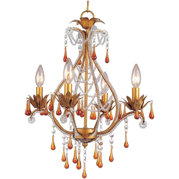 AF Lighting Josephine 4-Light French Gold Mini Chandelier With Amber Drop Beads