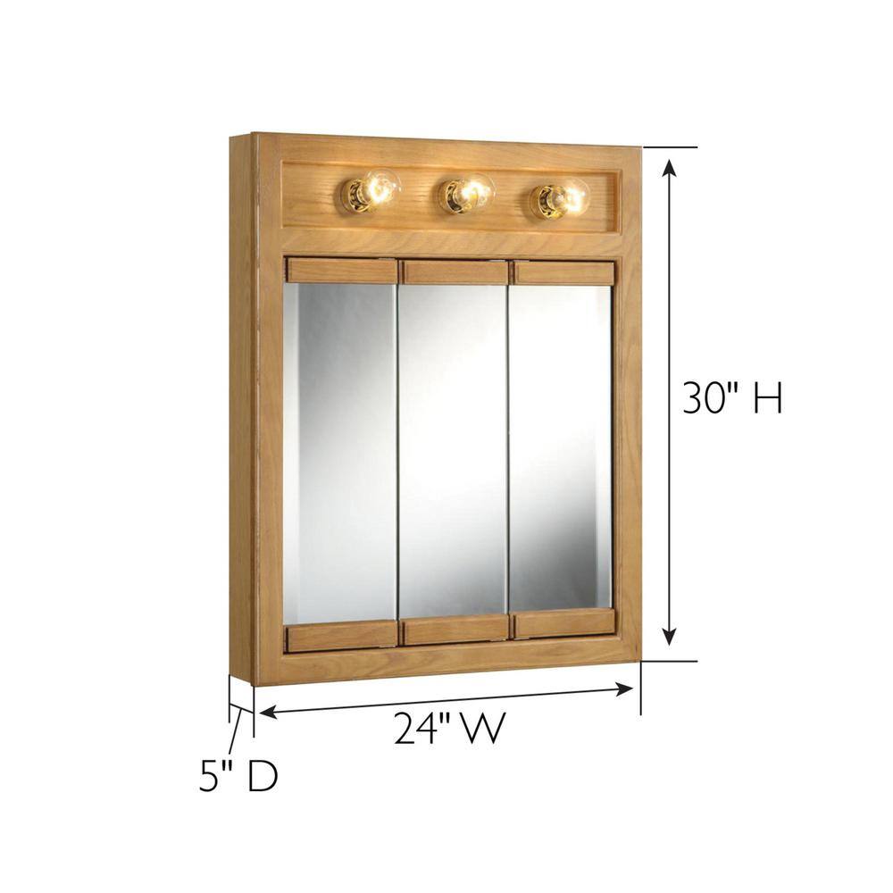 Nutmeg Oak Tri-View 24" Lighted Medicine Cabinet with Mirrored Doors