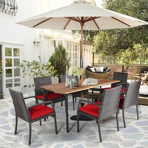 7-Piece Wicker Rectangular Outdoor Dining Set with Red Cushions