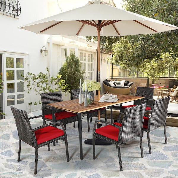7-Piece Wicker Rectangular Outdoor Dining Set with Red Cushions