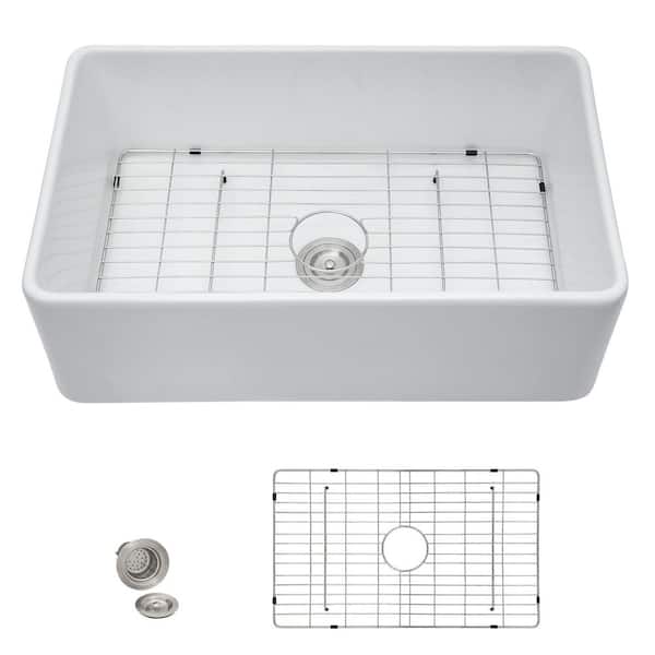 30 in. White Fireclay Farmhouse Kitchen Sink, Reversible Apron Front High-Gloss Porcelain Single Bowl Country Style Sink