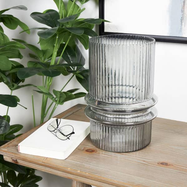 Novogratz 12 in. H Gray Wide Ribbed Glass Decorative Vase with Fluted Center