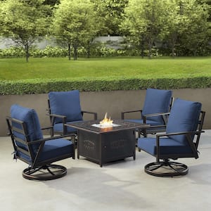 Black 6-Piece Aluminum Patio Fire Pit with 4-Club Chairs Blue Cushions