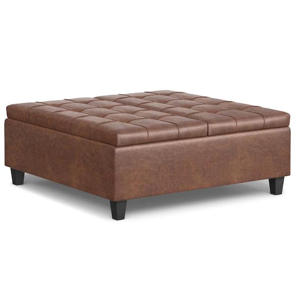 Harrison 40 in. Square Large Coffee Table Storage Ottoman in Distressed Saddle Brown Vegan Faux Leather, Assembled