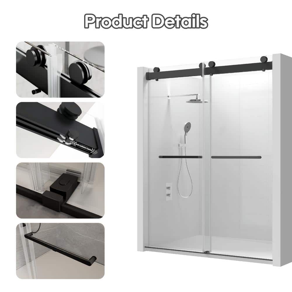60" Matte Black Frameless Double Sliding Shower Door with Clear Glass
