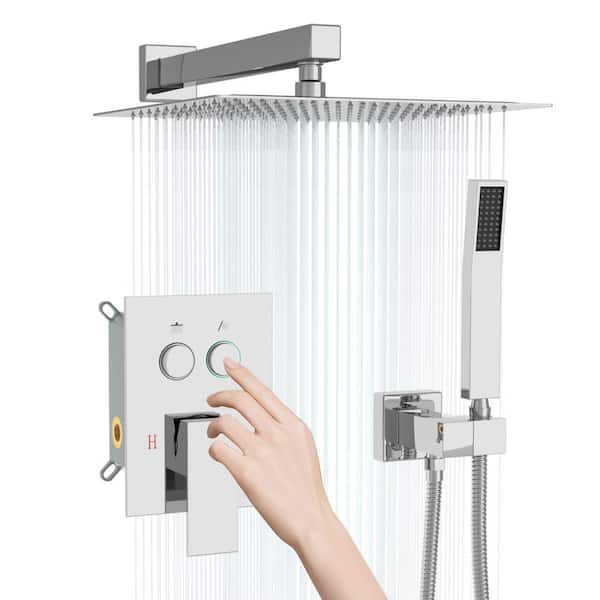 LORDEAR 10 in. Rain 2-Spray Wall Mount Fixed and Handheld Shower Head,1.8 GPM Chrome Push-Button Diverter Shower System