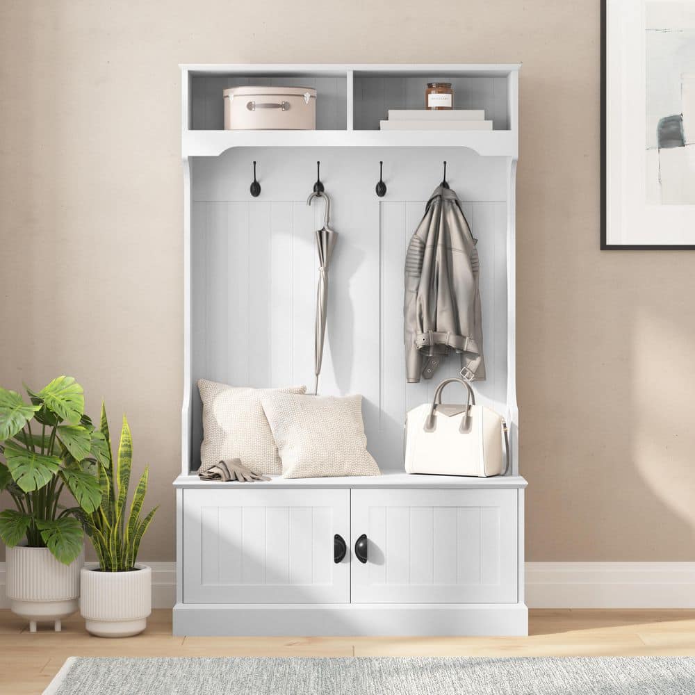 White Engineered Wood Hall Tree with Storage Bench and Hooks