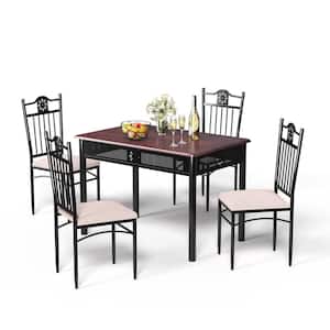 5 Pcs Dining Set Wood Metal Table and 4 Chairs with Cushions-Beige