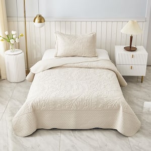 T-Monica 2-Piece Natural Beige Embroidery 100% Cotton Lightweight Twin Size Quilt Set