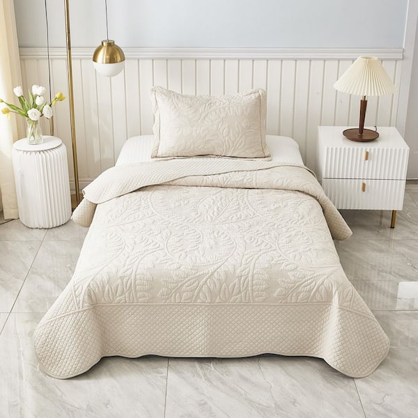 MarCielo T-Monica 2-Piece Natural Beige Embroidery 100% Cotton Lightweight Twin Size Quilt Set