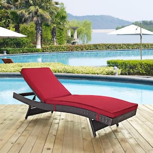 Convene Wicker Outdoor Patio Chaise Lounge in Espresso with Red Cushions