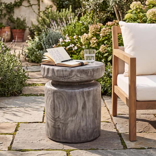 Indoor/Outdoor 14.76 in. Grey Round Tree Stump Patio Side Table MGO Lightweight Concrete End Table