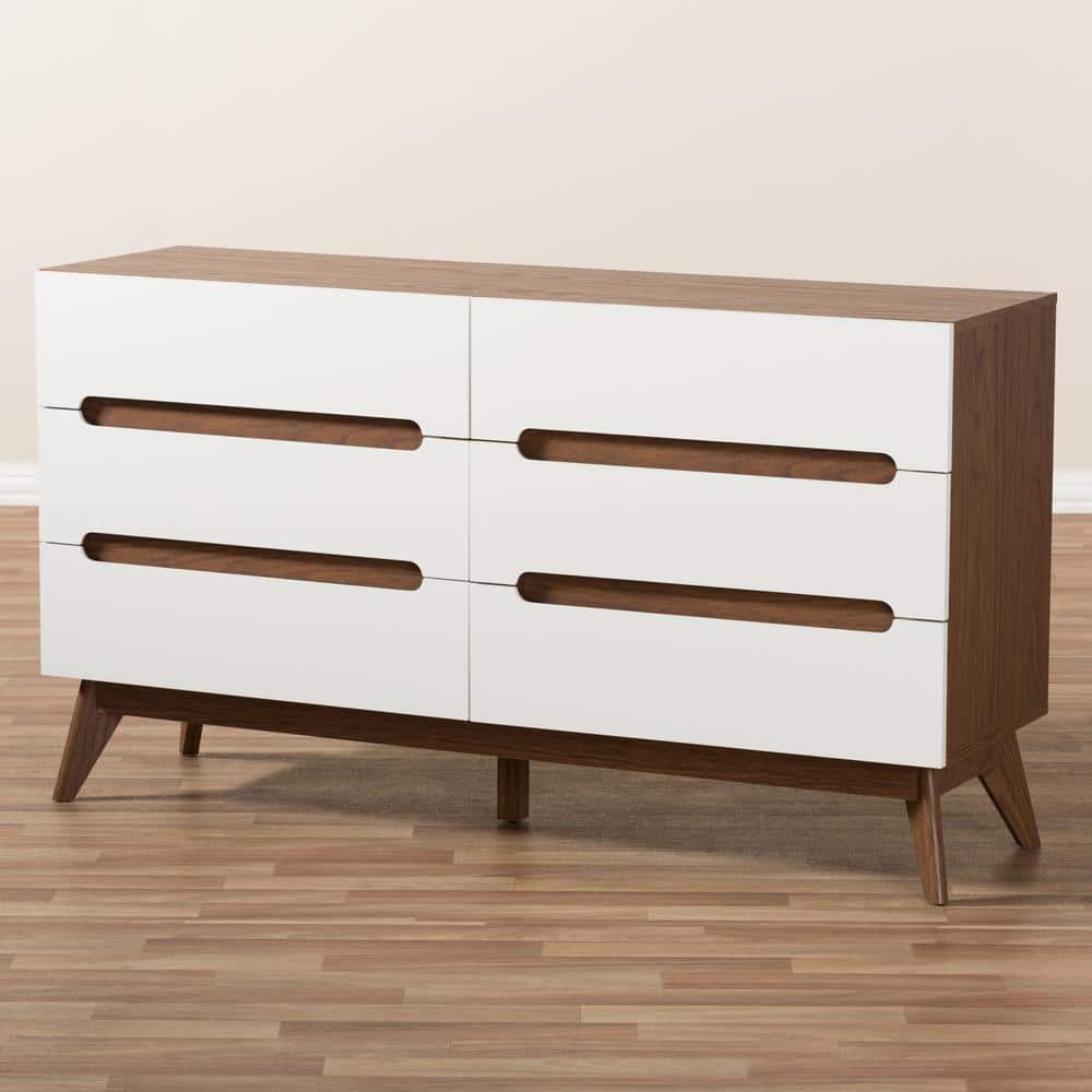 Calypso Mid-Century White and Walnut 6-Drawer Dresser