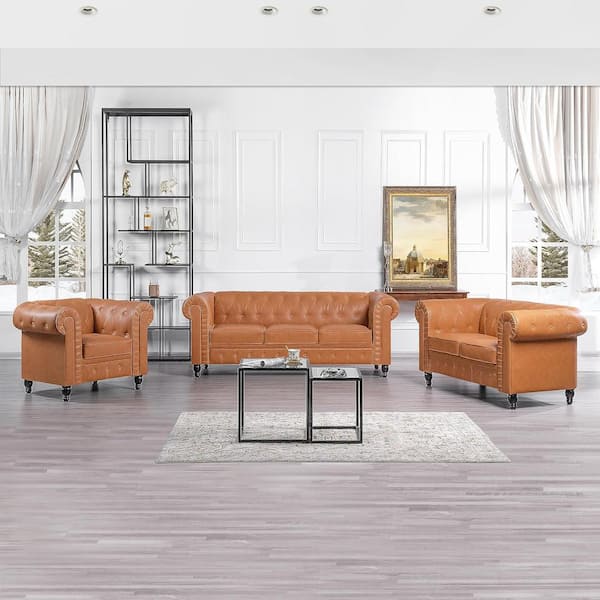 HOMESTOCK Chesterfield Sofa Set 3-Piece Caramel Tufted Cushions with Rolled Arms, Top Material Faux Leather