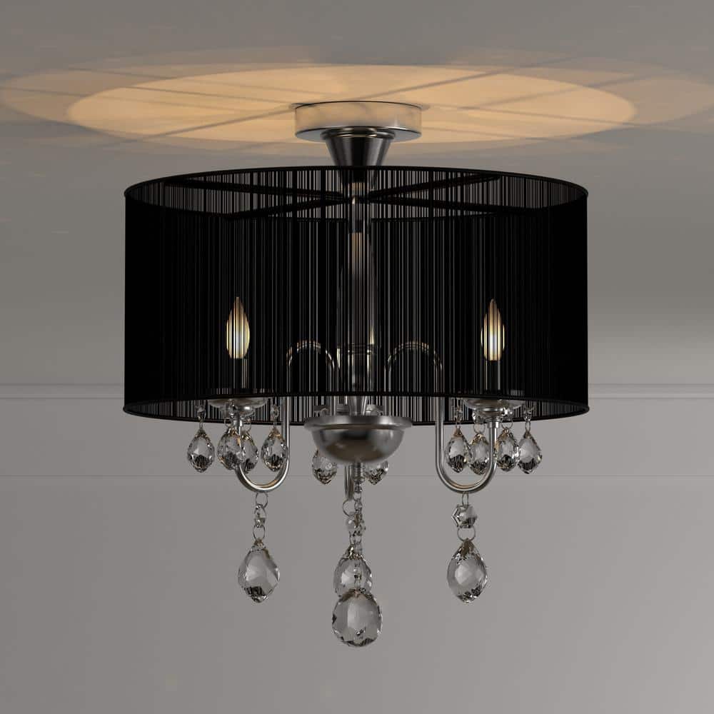 Sleek Chrome Finish 19" Crystal Chandelier with Black Drum Shade