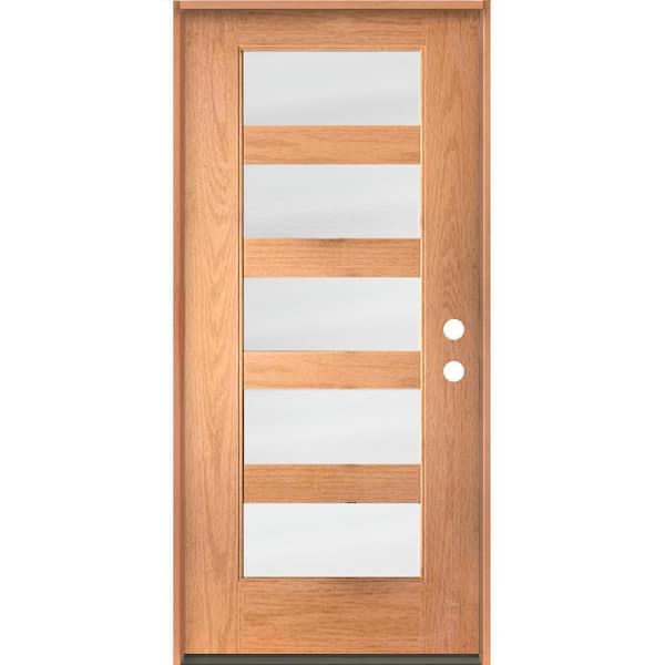 Krosswood Doors ASCEND Modern 36 in. x 80 in. Left-Hand/Inswing 5-Lite Satin Etched Glass Teak Stain Fiberglass Prehung Front Door