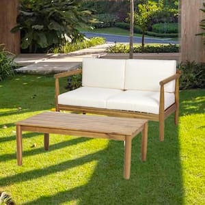 2-Piece Wood Patio Conversation Set with Beige Cushions