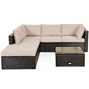 6-Piece PE Wicker Outdoor Patio Conversation Sofa Set with Beige Cushions