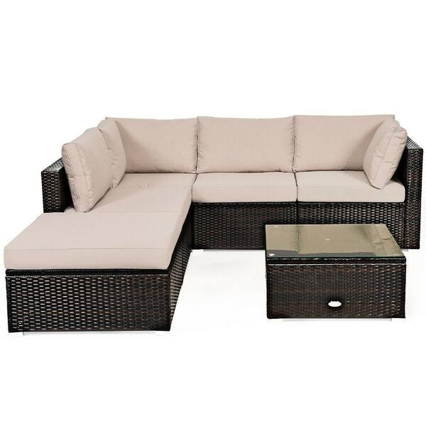 ANGELES HOME 6-Piece PE Wicker Outdoor Patio Conversation Sofa Set with ...