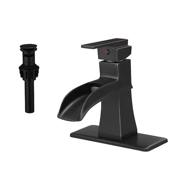 Fapully Single Handle Single Hole Bathroom Faucet with Deckplate&Drain Included, Waterfall Bathroom Faucet in Oil Rubbed Bronze