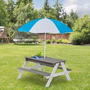 37 in. L x 35 in. W x 20 in. H 3-in-1 Kids Picnic Table With Umbrella, Outdoor Wooden, Convertible Sand and Wate in Gray