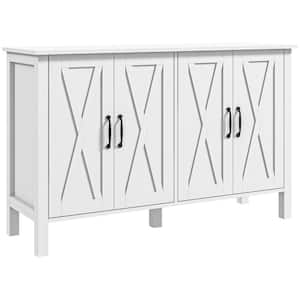 White Wood Cabinet, 47 in. Sideboard with 4 Barn Doors and 2 Adjustable Shelves, Farmhouse Coffee Bar Cabinet